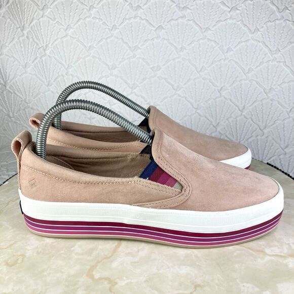 Sperry Shoes Womens 7 Pink Stripes Suede Crest Twin Gore Boat Platform Loafers - Picture 1 of 12